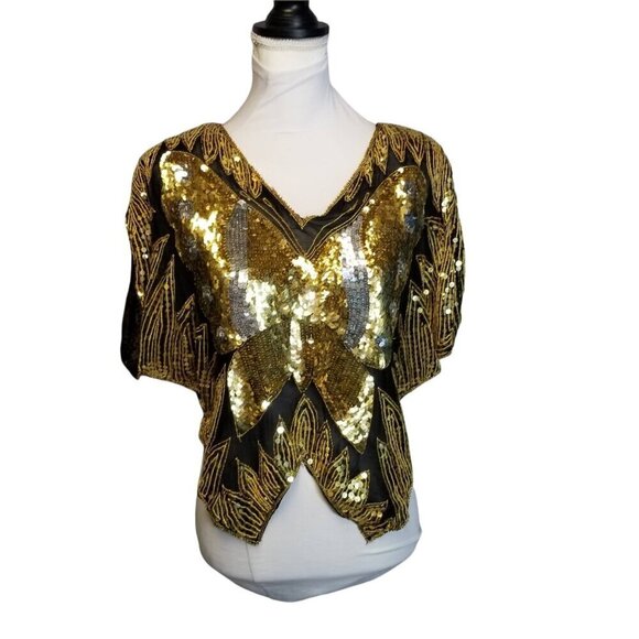 Vtg 70s butterfly sequin blouse disco gold metallic - Picture 1 of 9